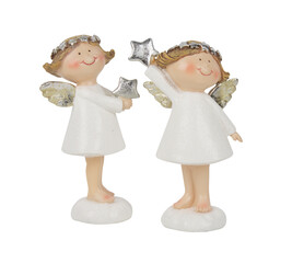 Pair of angel dolls decorated with smiling faces cut out isolated transparent background