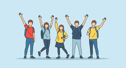 Obraz premium Excited students celebrating success with arms raised in a group photo on a bright blue background representing achievement and teamwork