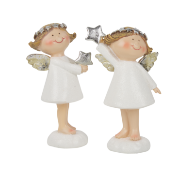 Pair of angel dolls decorated with smiling faces cut out isolated transparent background