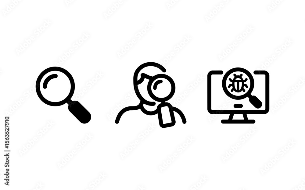 Poster vector art of searching for bugs on a computer screen outline and solid vector icons