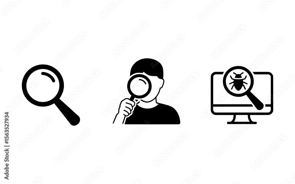 Poster vector art of searching for bugs on a computer screen outline and solid vector icons