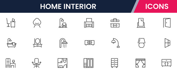 Home interior line icons collection. Dishes, devices, and decoration icons. UI icon set. Thin outline icons pack. Vector illustration