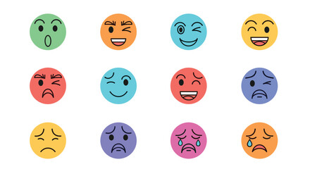 Collection of expressive emoji faces showing various human emotions and feelings through simple graphics