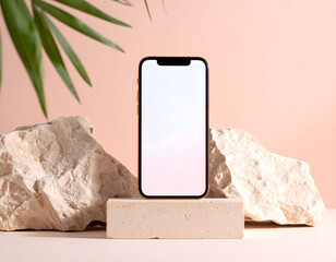 Smartphone on Abstract Stone Base with Pastel Gradient Display
