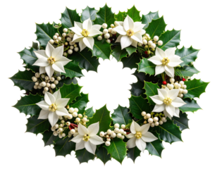 Floral Holly Wreath with White Blossoms and Green Foliage, PNG Transparent Background.