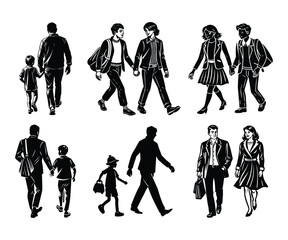 Dad Holding Daughter’s Hand Fatherhood Silhouette Vector for Family Love Concepts.