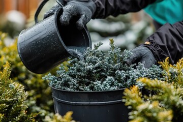 Caring for Small Evergreen Plants with Watering Can in Garden