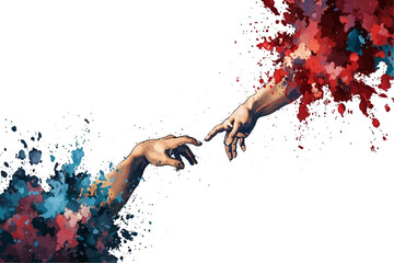 Two hands reaching out with paint splatters in red and blue on a white background in artwork style.