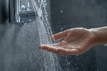 Fototapeta premium Close-Up View of Hand Under Running Water from Shower Faucet