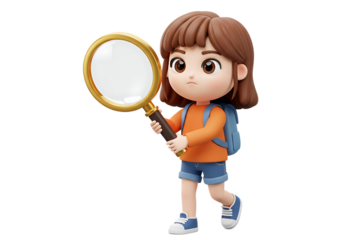 Cute cartoon girl holding magnifying glass with backpack searching for details Isolated on transparent background