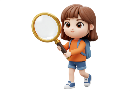 Cute cartoon girl holding magnifying glass with backpack searching for details Isolated on transparent background