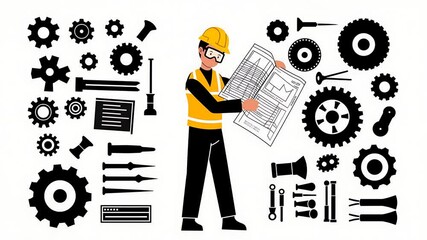 Engineer Reviewing Technical Blueprint with Mechanical Parts - Powered by Adobe