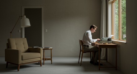 A man sits by a window, thoughtfully typing on an antique typewriter in a minimalist room.