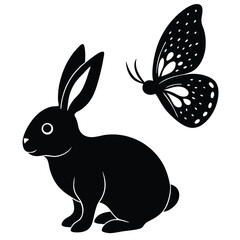 Black silhouette of a rabbit sitting next to a butterfly with spotted wings