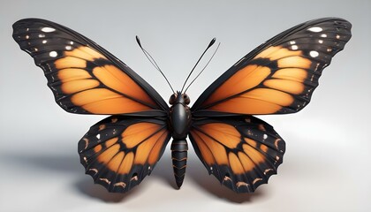 A vivid orange-and-black butterfly with white-spotted wings is shown fully spread in a symmetrical top view. The intricate wing patterns and sharp contrasts make it a striking representation of natura