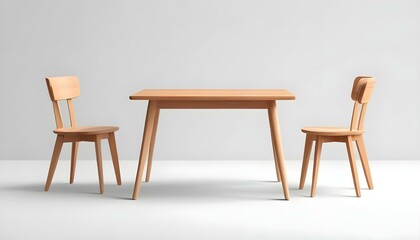 A minimalist setup featuring a light wooden table with softly rounded edges and two matching wooden chairs. The chairs have straight flat backrests and tapered legs, all placed against a clean white b