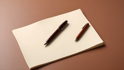 Two pens—one capped, one uncapped—rest on a blank white paper atop a brown surface. The minimalist composition evokes simplicity and readiness for writing.