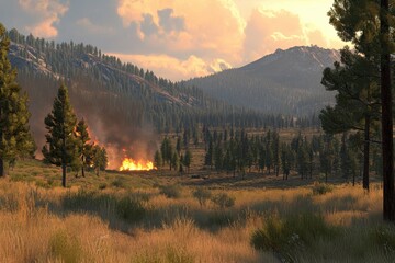 Dramatic Landscape with Forest Fire and Majestic Mountains in Distance