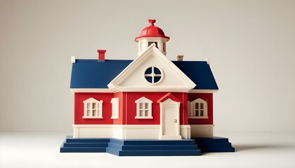 A vibrant miniature house with a red façade, blue roof, white-trimmed windows, and a domed tower—blending charm, symmetry, and playful design appeal.