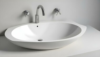 A sleek, white, oval-shaped bathroom sink with a chrome faucet and dual handles is mounted on a minimalist countertop. The light gray wall background adds a clean, modern aesthetic.
