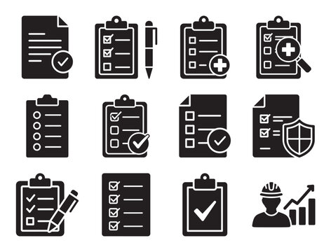 Checklists and approvals glyph icon set for tasks and verification showing clipboard list checkmark and other symbols for project management and organization