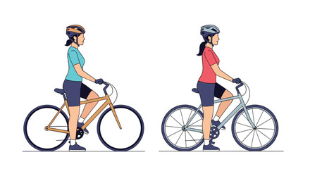 Fototapeta premium Two women cyclists prepared for outdoor bicycle rides with protective gear and athletic attire