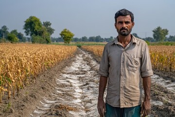 Farmer Standing Alone in Dry Cornfield Under Clear Blue Sky