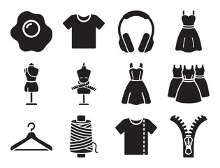 Clothing and fashion solid glyph icon set for apparel and tailoring showing shirt dress mannequin hanger and other symbols for style and garment industry