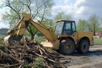 Heavy machinery clearing debris in an outdoor construction site