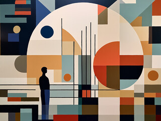 Abstract person with colorful geometric elements in modern layout
Artistic design with silhouette and overlapping shapes in warm palette