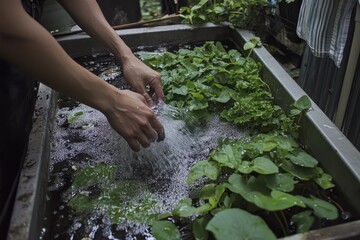 Hands Splashing Water in a Freshwater Garden with Lush Green Plants