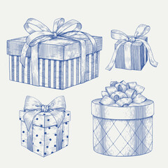 Set of vector vintage holiday gift boxes. Outline blue on beige. Hand drawn illustration, engraved graphic elements for holiday decor design, greeting card, new year decoration, birthday. Monochrome