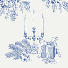 Vintage Christmas composition with candlestick, gift box, ball, fir branch, holly. Blue beige. Hand drawn illustration, graphic elements. Vector background for design holiday decor, greeting card