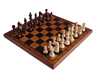 Chess pieces arranged on a wooden chessboard for strategic gameplay and competition on a white background