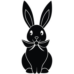 Cute black silhouette of a rabbit wearing a bow tie on a white background