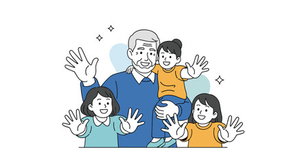 Happy grandfather holding his beloved grandchildren waving hello together with joyful expressions