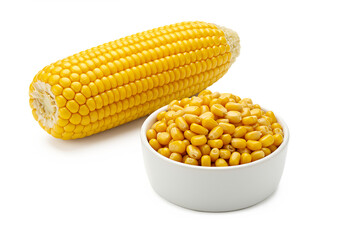 Freshly harvested corn on the cob with a bowl of sweet corn kernels close up Isolated on transparent background