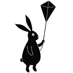 Cute black silhouette of a bunny holding a kite on a white background