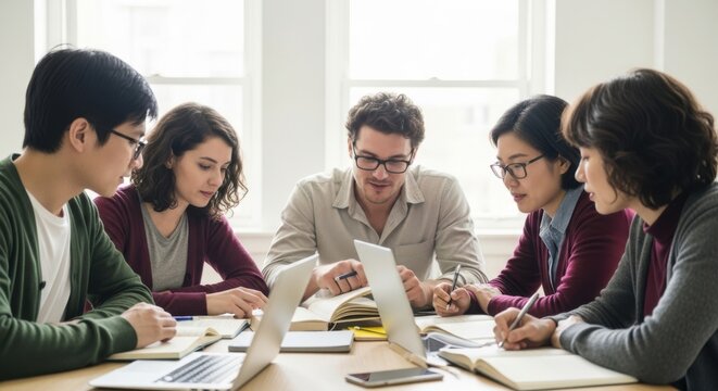 Diverse group of students collaborate on a project indoors