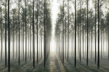 Misty Forest with Tall Trees and Ethereal Light Rays at Dawn