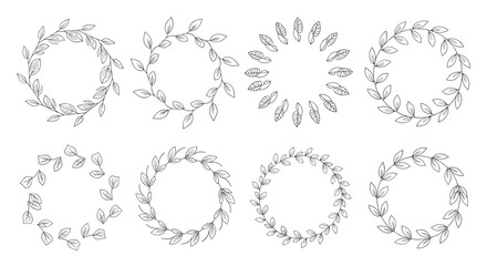 Elegant botanical wreath illustrations featuring delicate leaves and feathers for artistic designs