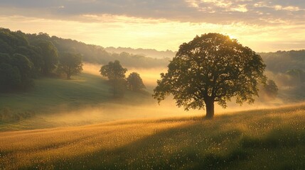 Golden Morning Light Illuminating a Solitary Tree in a Green Meadow with Mist and Rolling Hills Landscape