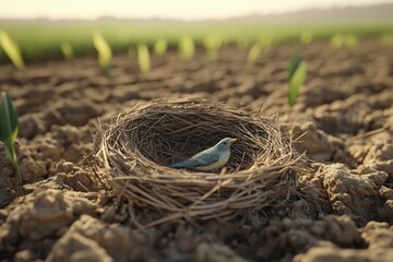 Nest with Bird Figurine on Farm Field Soil in Soft Morning Light