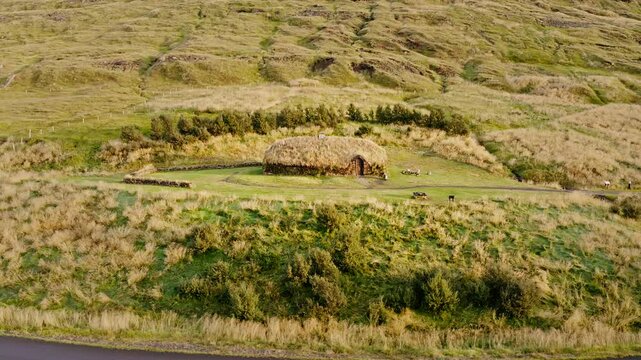 Aerial view of Turf house, Iceland.
