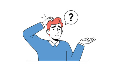 Confused man with question mark in speech bubble scratching head and shrugging shoulders expressing uncertainty and indecision
