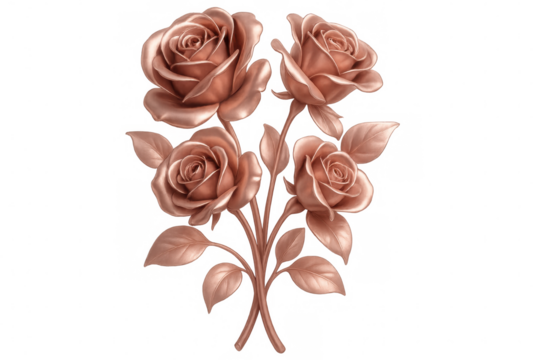 Four beautifully crafted copper roses forming an elegant bouquet, blooming vibrantly against a transparent background, showcasing luxury and romance