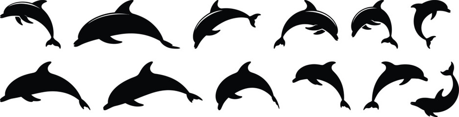 A large collection of twelve dynamic dolphin silhouette vector icons showing the marine animal jumping and swimming in the ocean.