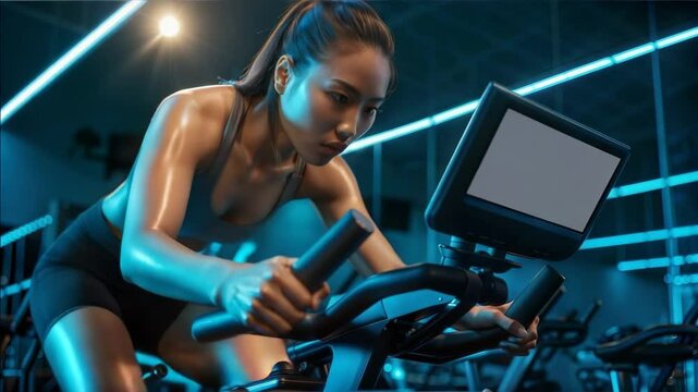 Fitness enthusiast training hard on stationary bike in gym