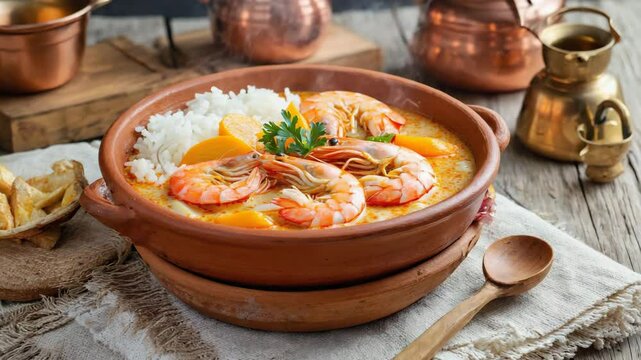 Peruvian chupe de camarones, shrimp chowder served in a rustic bowl with rice, vibrant colors and rich textures, cozy kitchen atmosphere with soft lighting

