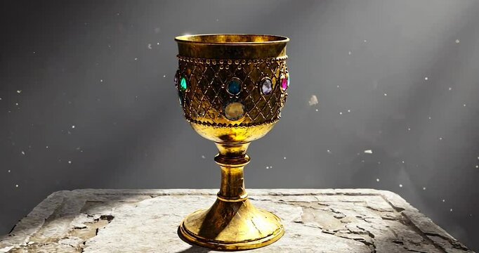 Ornate golden goblet with jewels on a weathered stone surface